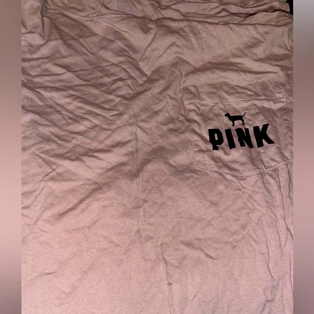 Tan taupe love pink long sleeve tee. Some discoloration, see video